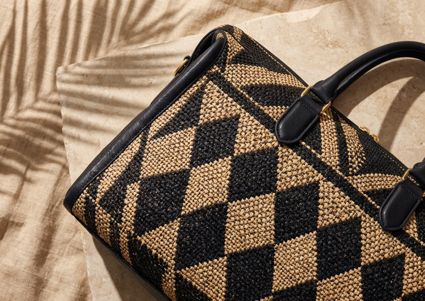 Close editorial view of the Accra Woven Weekender Bag