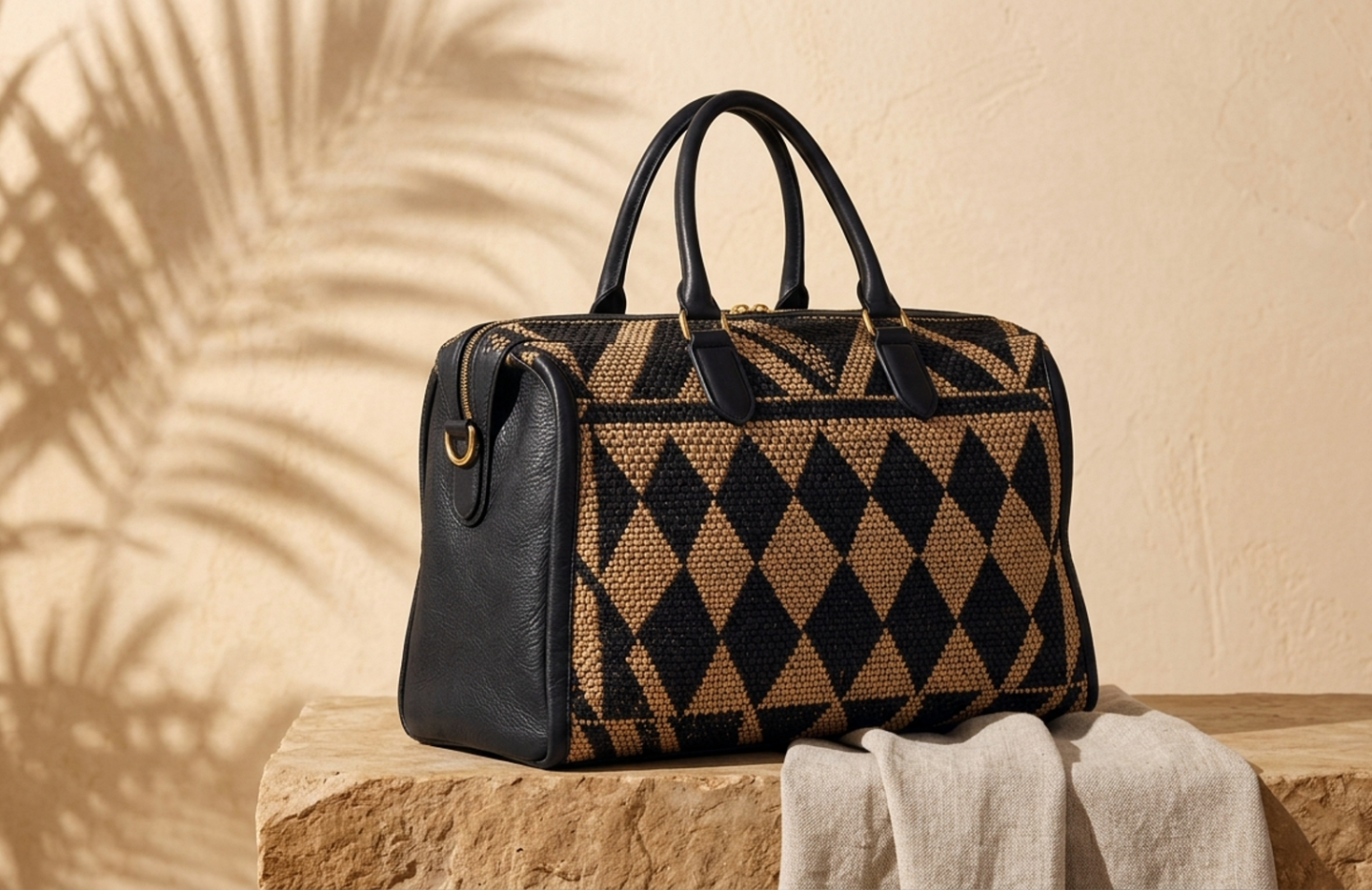 Detail editorial view of the Accra Woven Weekender Bag