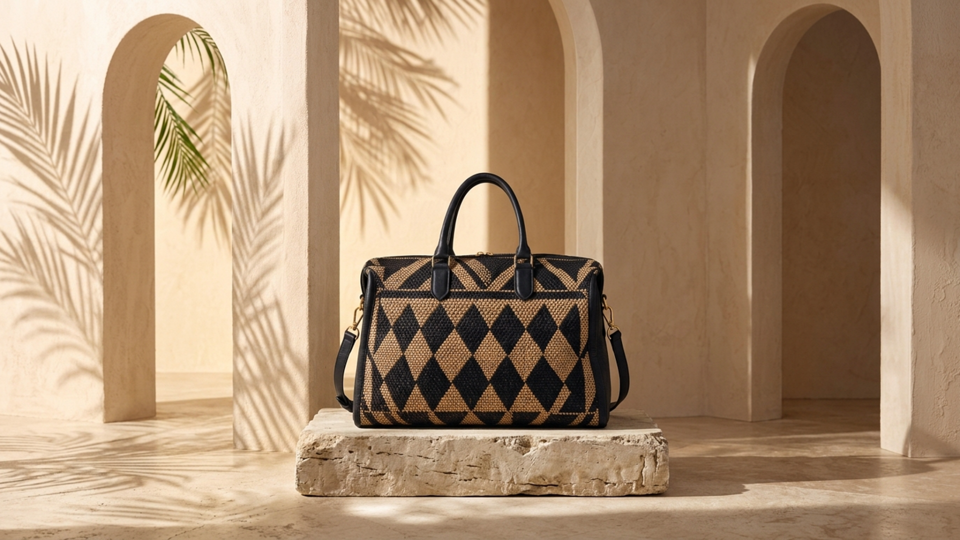 Editorial movement view of the Accra Woven Weekender Bag