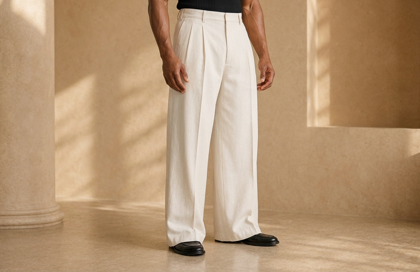 Detail editorial view of the Ade Wide-Leg Trousers