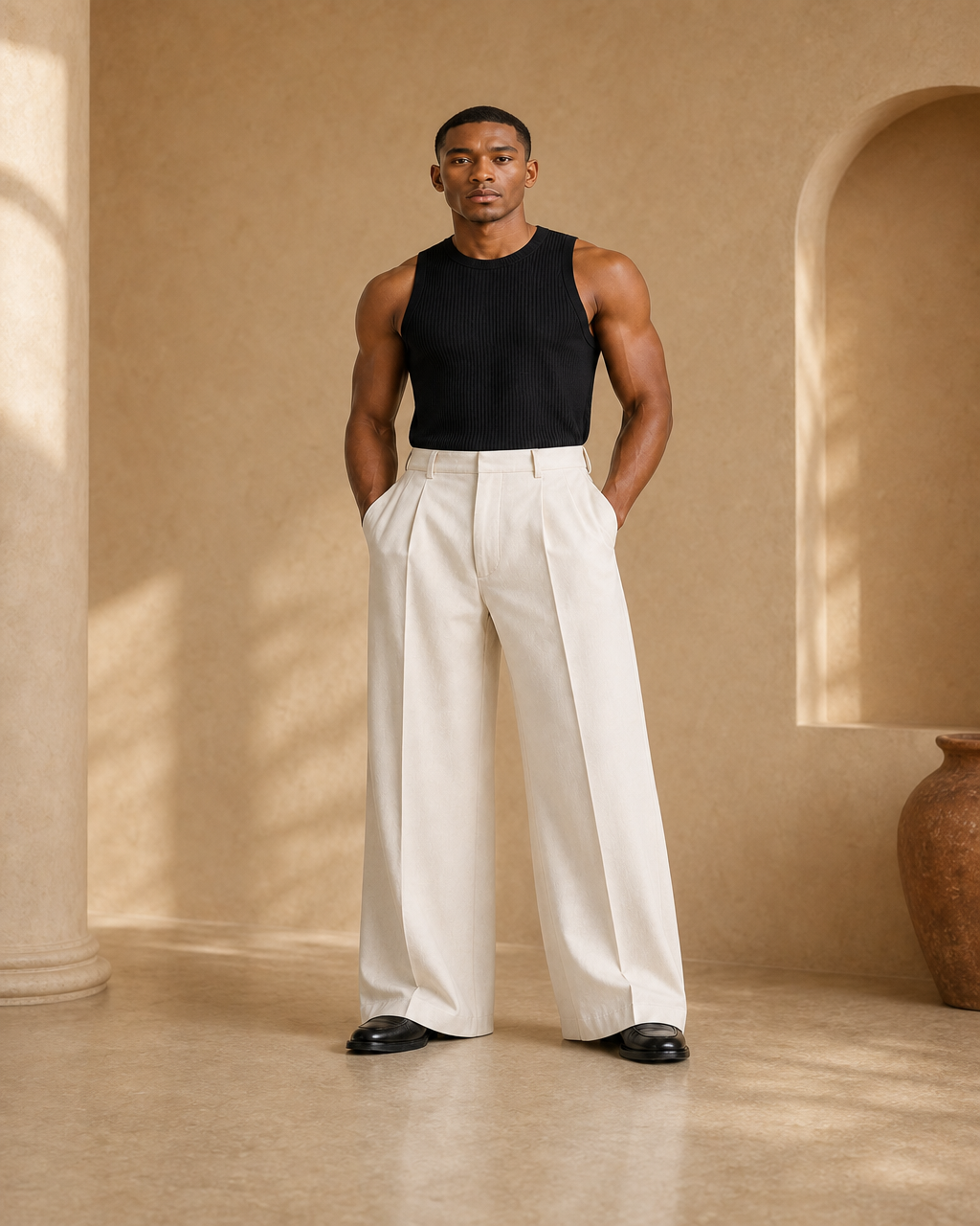 Model wearing or styling the Ade Wide-Leg Trousers