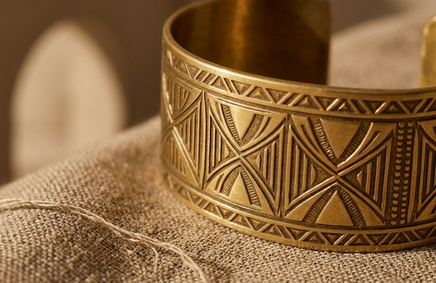 Detail editorial view of the Adinkra Brass Cuff