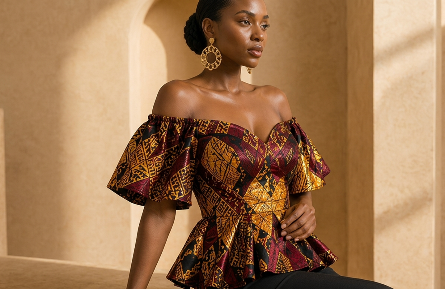 Detail editorial view of the Adwoa Off-Shoulder Top