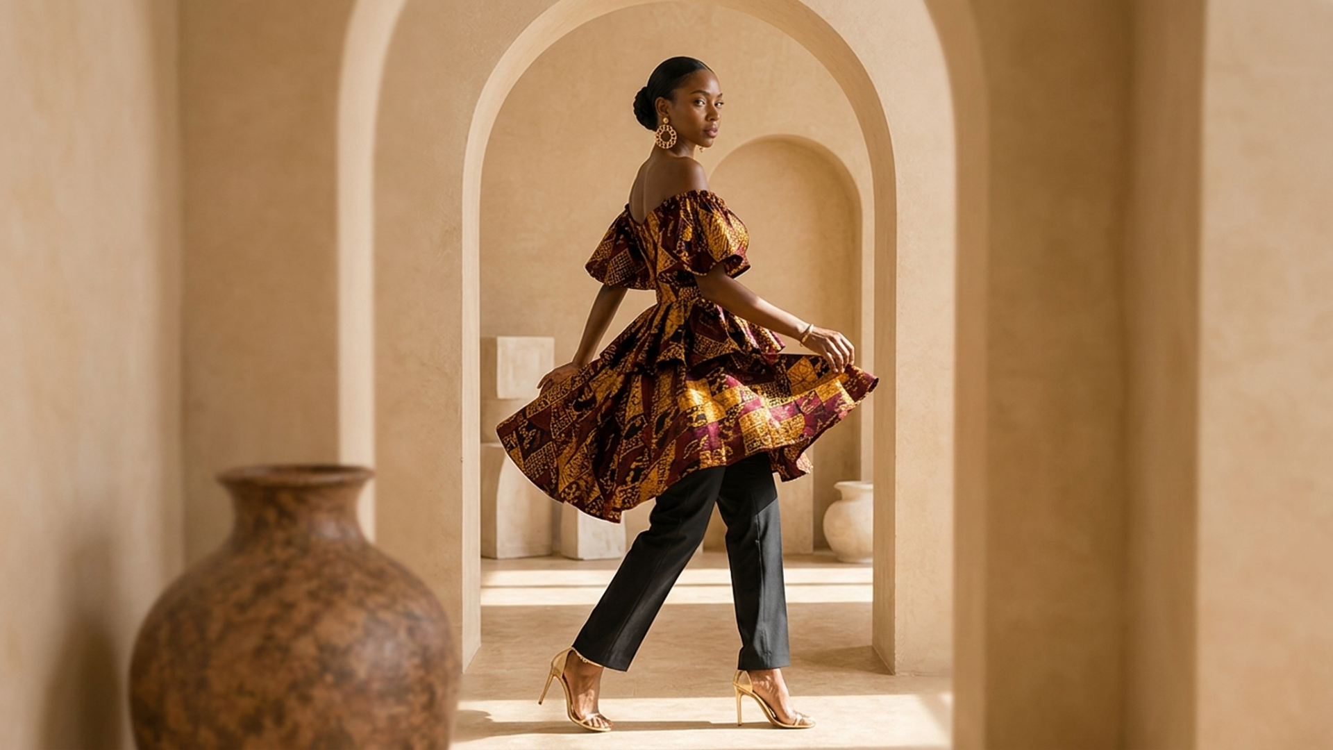 Editorial movement view of the Adwoa Off-Shoulder Top