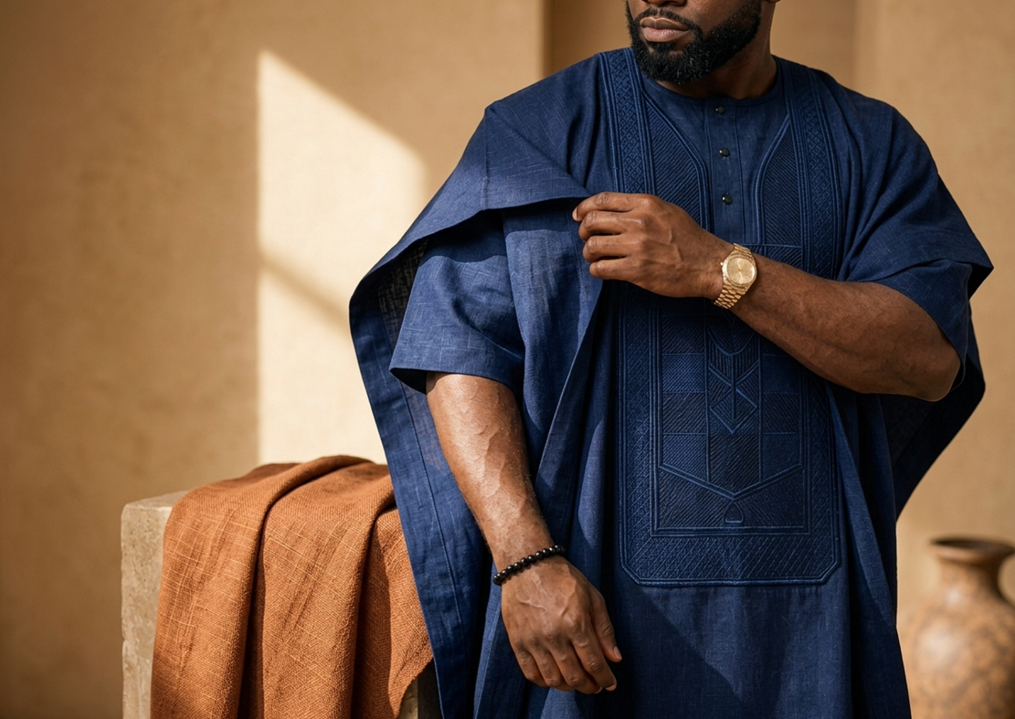 Close editorial view of the Asante Agbada Set