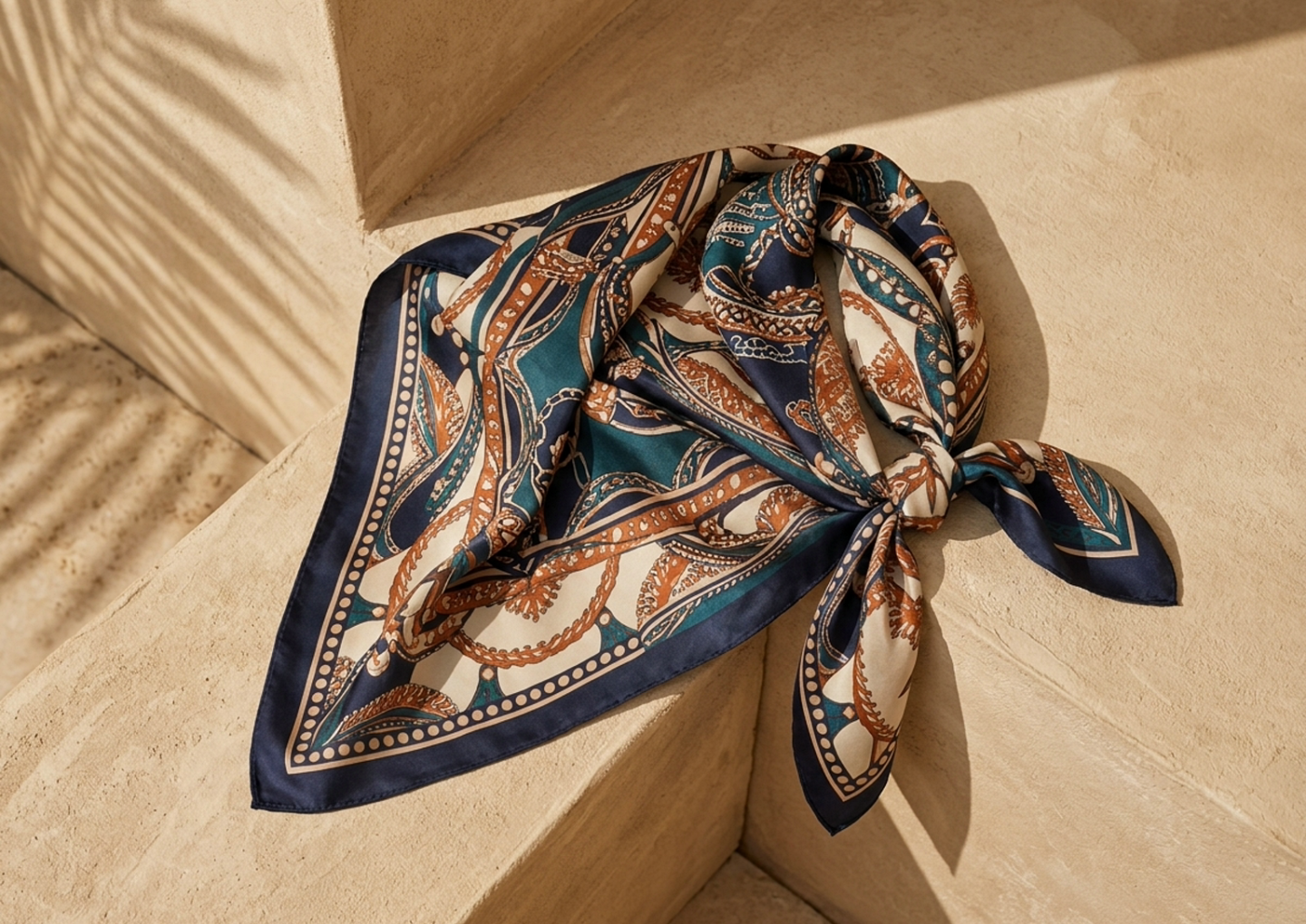 Close editorial view of the Asha Printed Silk Scarf