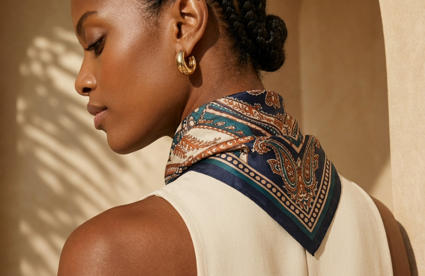 Detail editorial view of the Asha Printed Silk Scarf