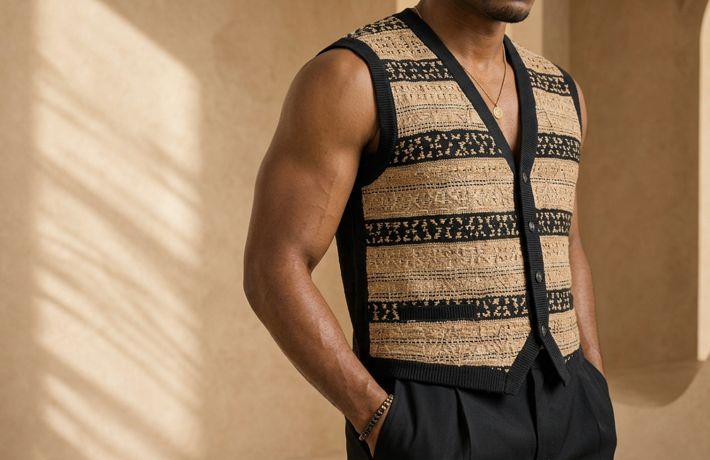 Detail editorial view of the Bani Woven Vest