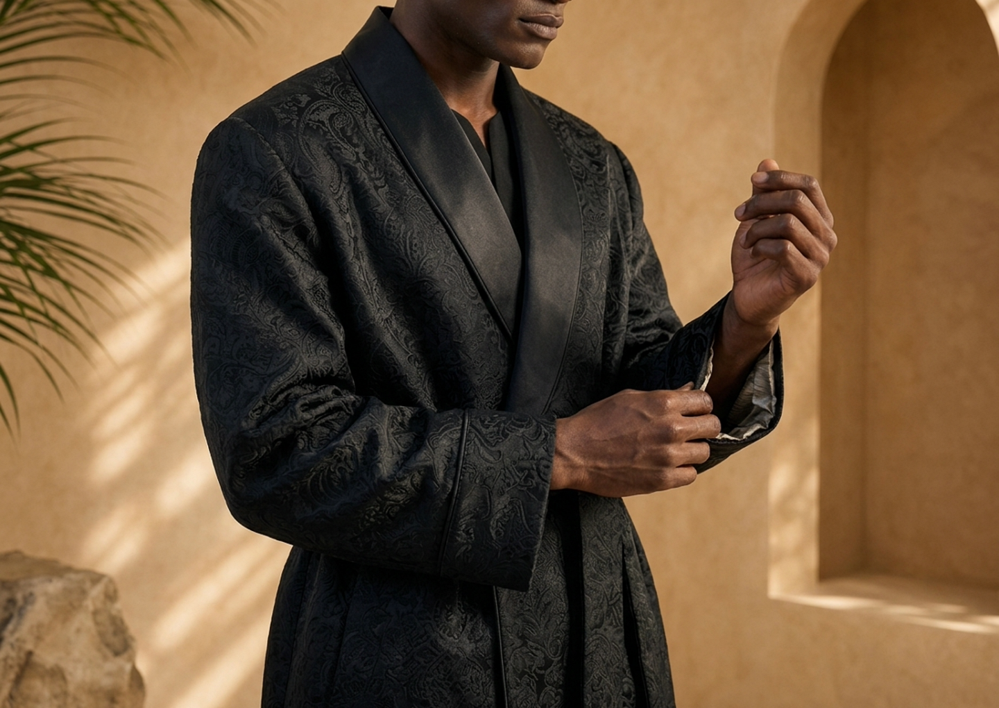 Close editorial view of the Cairo Evening Robe Coat