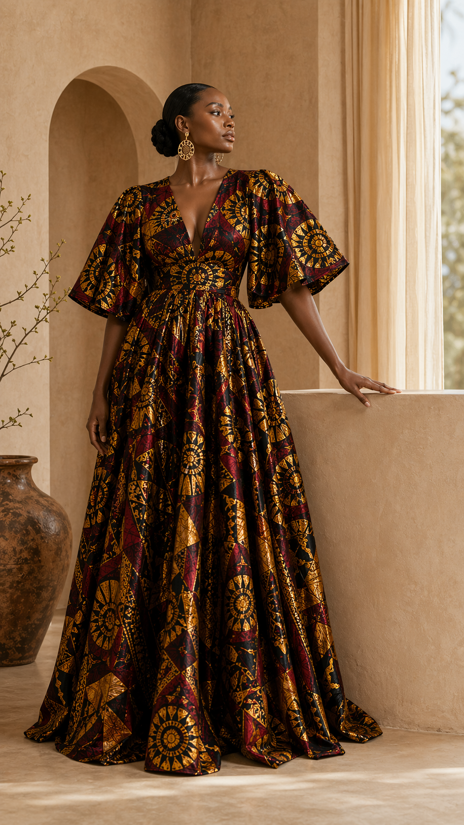 Model wearing a patterned afrosoleil gown in a gallery setting