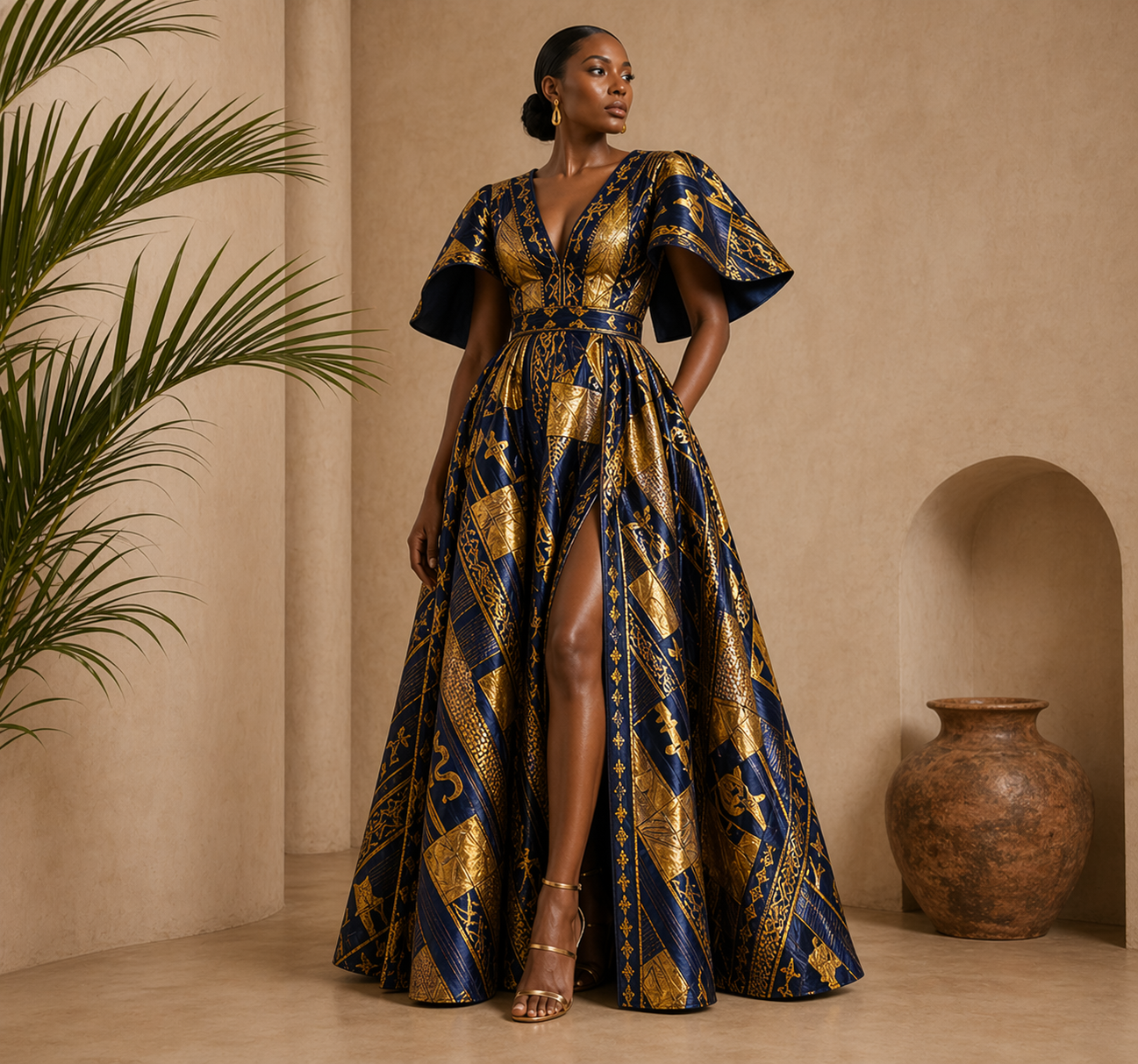 Model wearing an indigo and gold kaftan