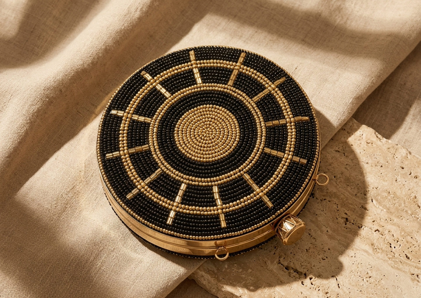 Close editorial view of the Djembe Beaded Evening Clutch