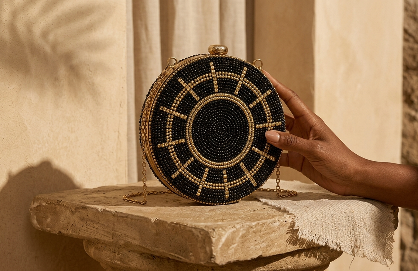 Detail editorial view of the Djembe Beaded Evening Clutch