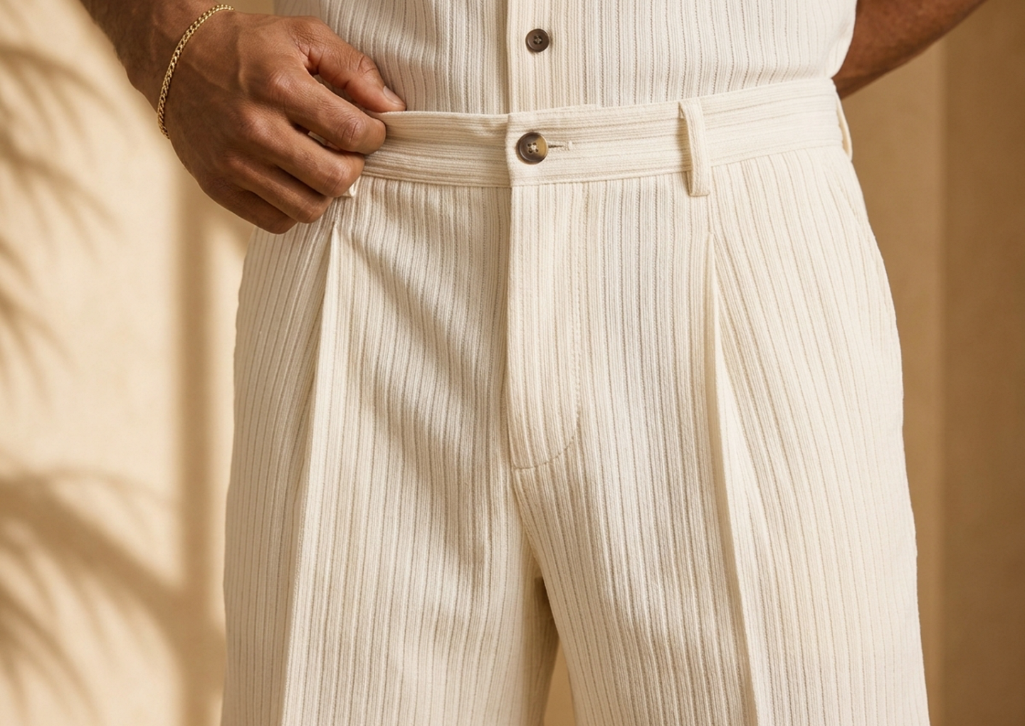 Close editorial view of the Ekow Pleated Shorts Set