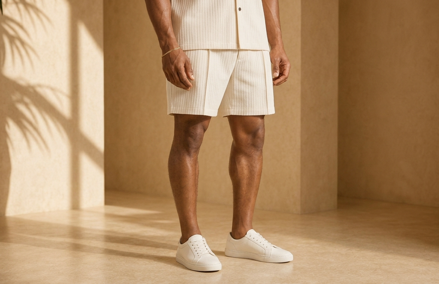 Detail editorial view of the Ekow Pleated Shorts Set