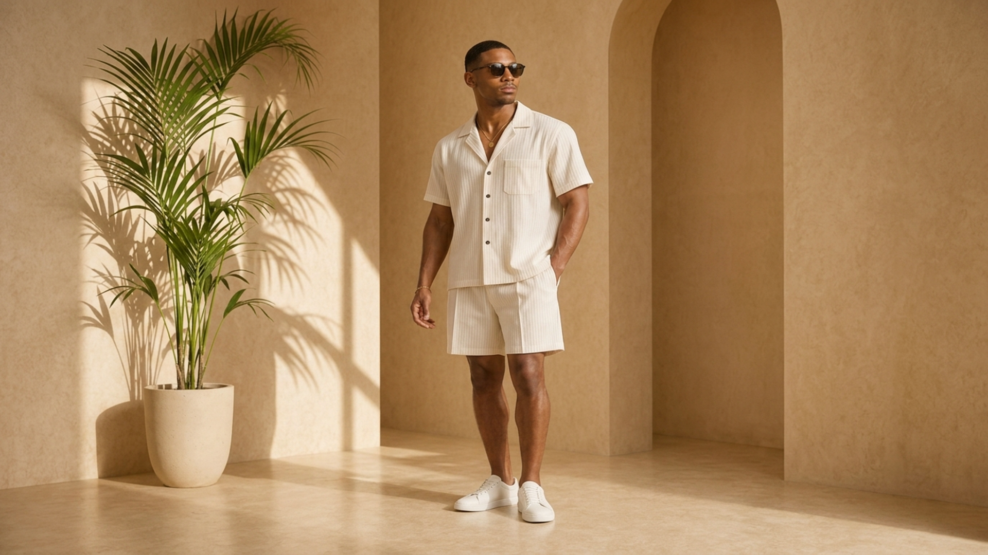 Editorial movement view of the Ekow Pleated Shorts Set
