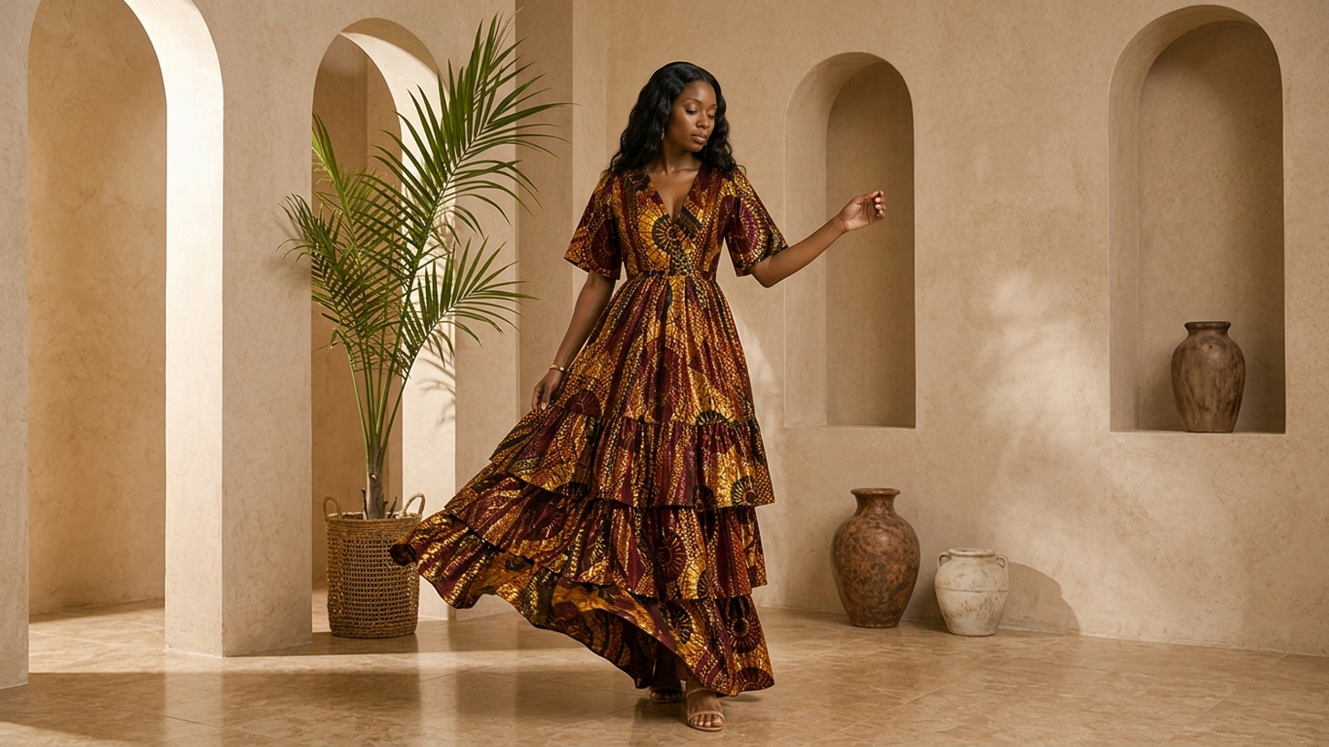 Editorial movement view of the Esi Tiered Maxi Dress