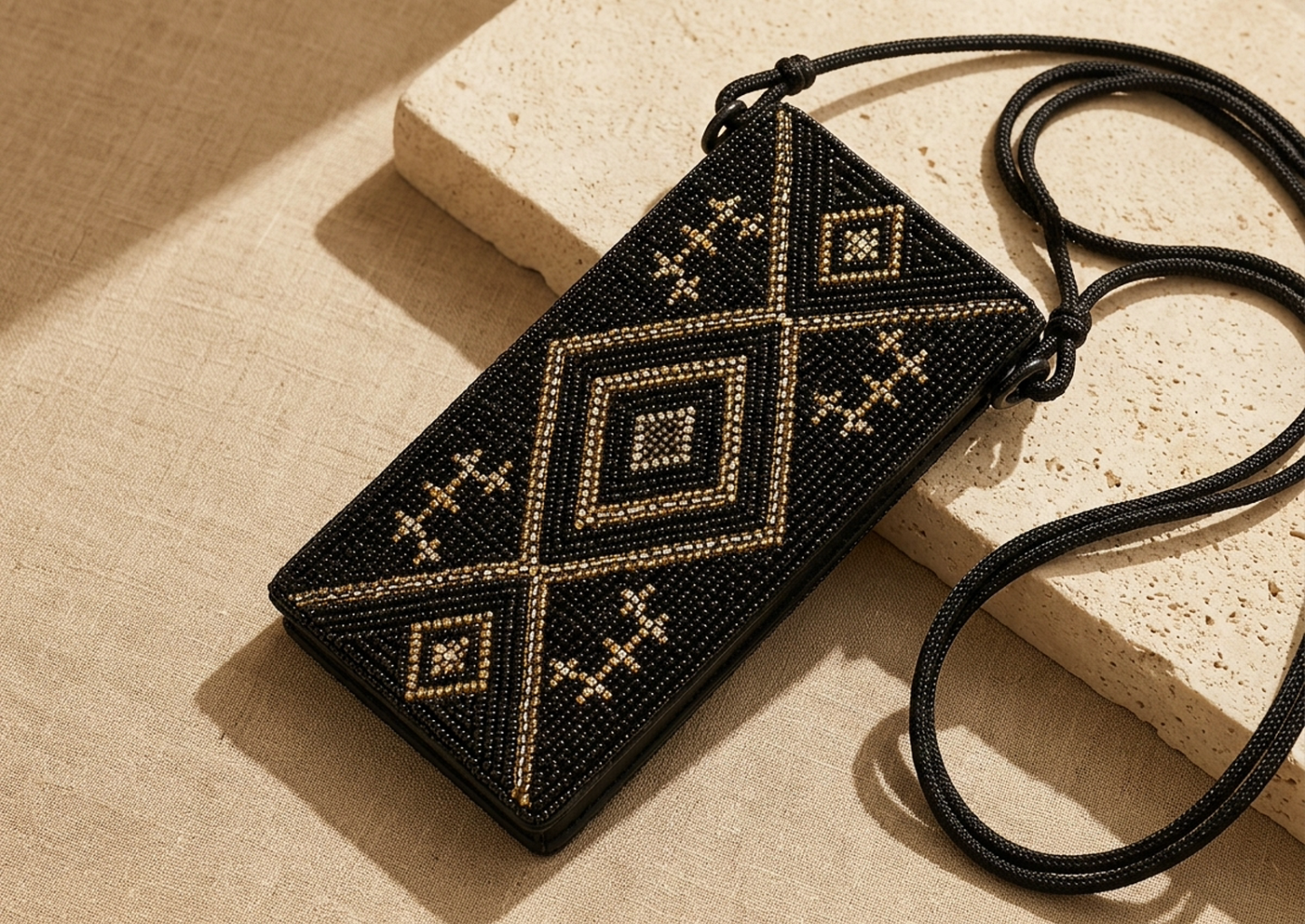 Close editorial view of the Jali Beaded Phone Pouch