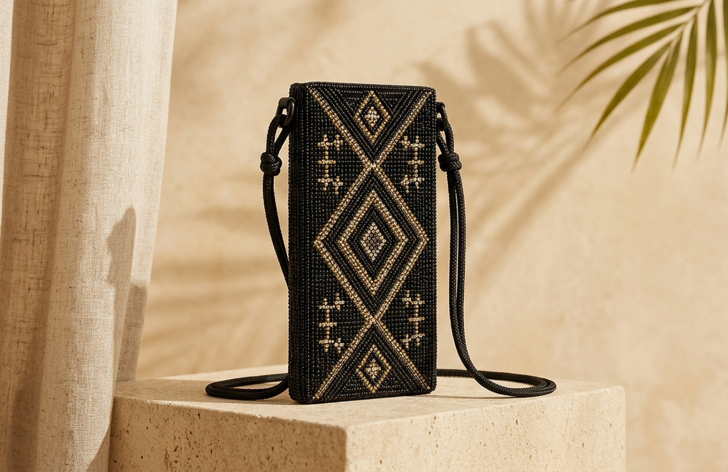 Detail editorial view of the Jali Beaded Phone Pouch