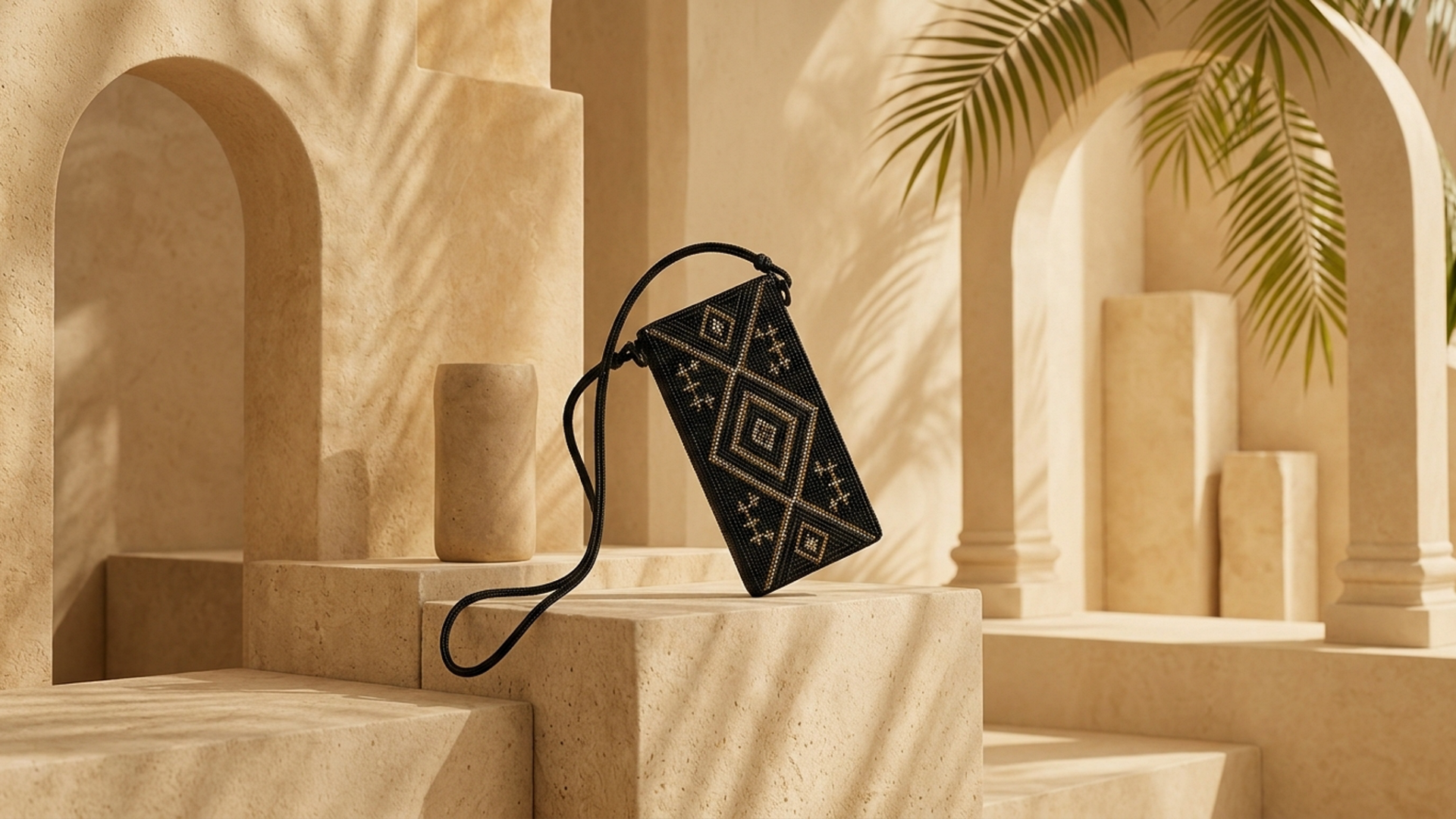 Editorial movement view of the Jali Beaded Phone Pouch