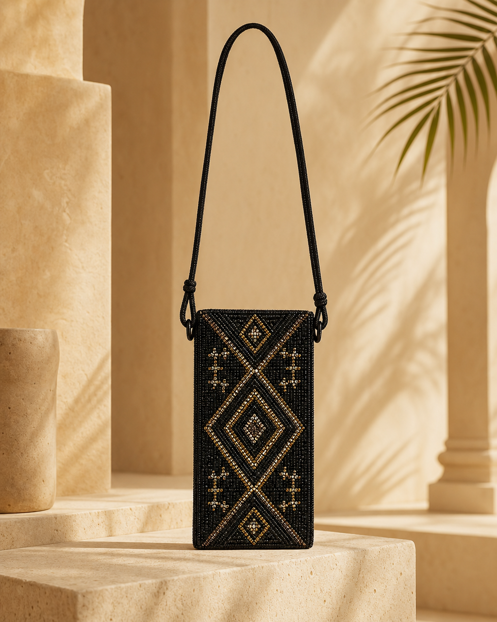 Model wearing or styling the Jali Beaded Phone Pouch