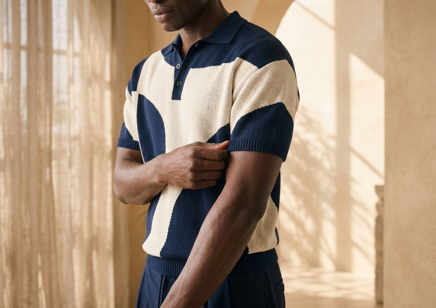 Close editorial view of the Kele Graphic Knit Polo