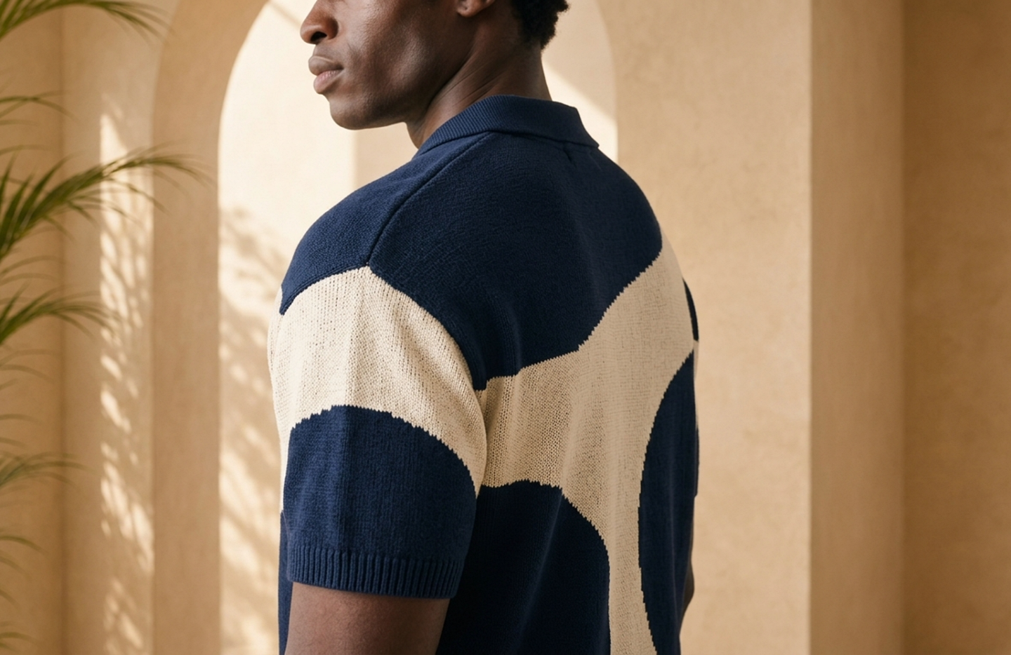 Detail editorial view of the Kele Graphic Knit Polo