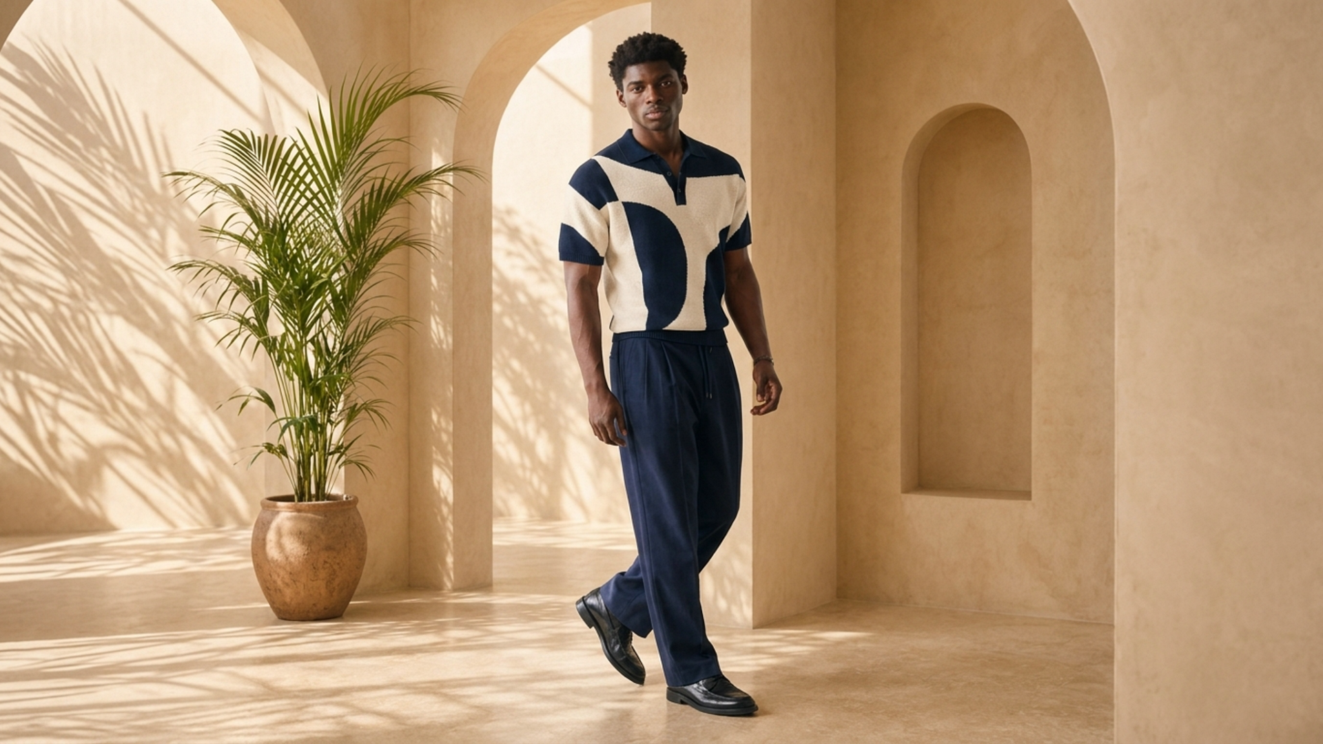 Editorial movement view of the Kele Graphic Knit Polo