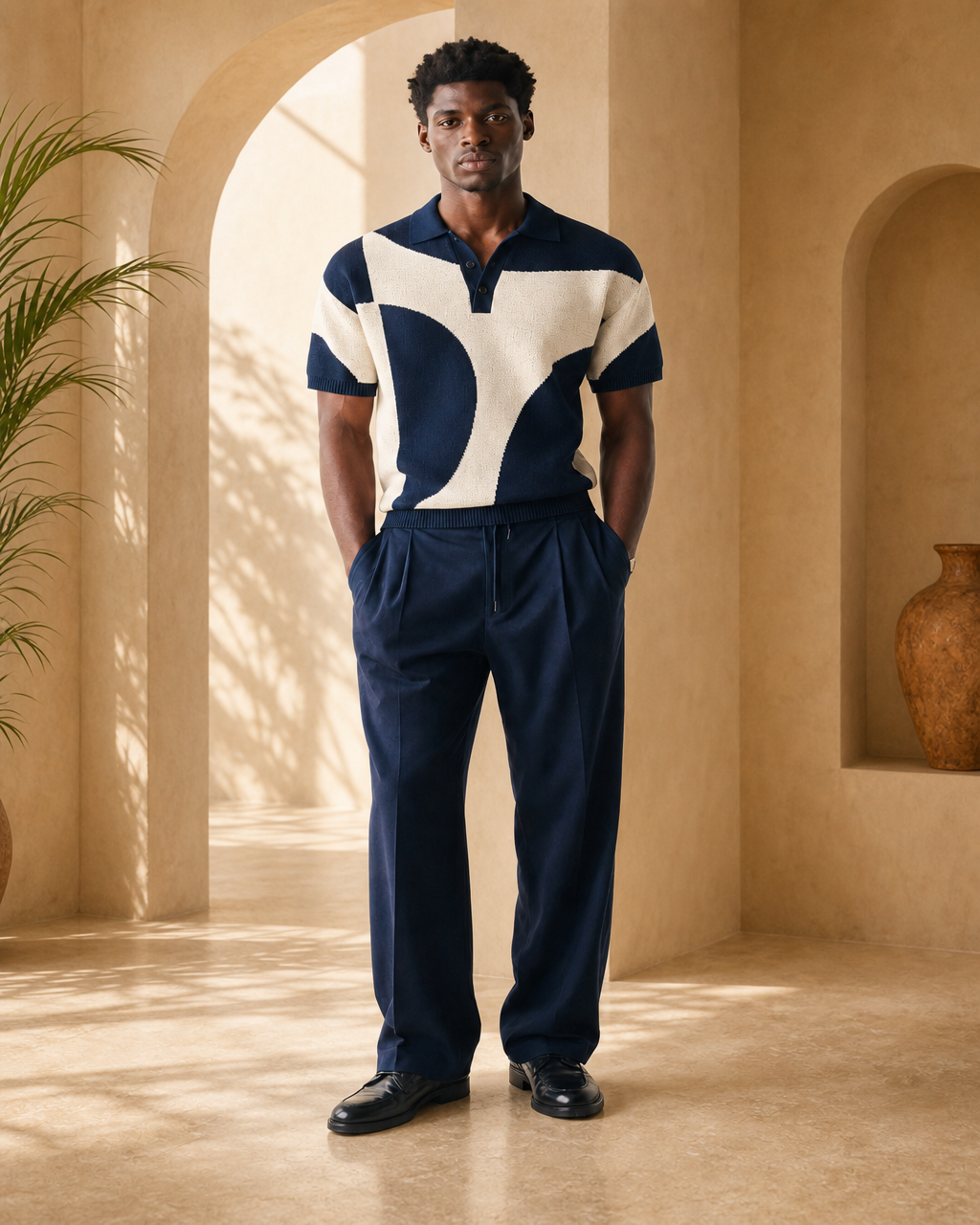 Model wearing or styling the Kele Graphic Knit Polo