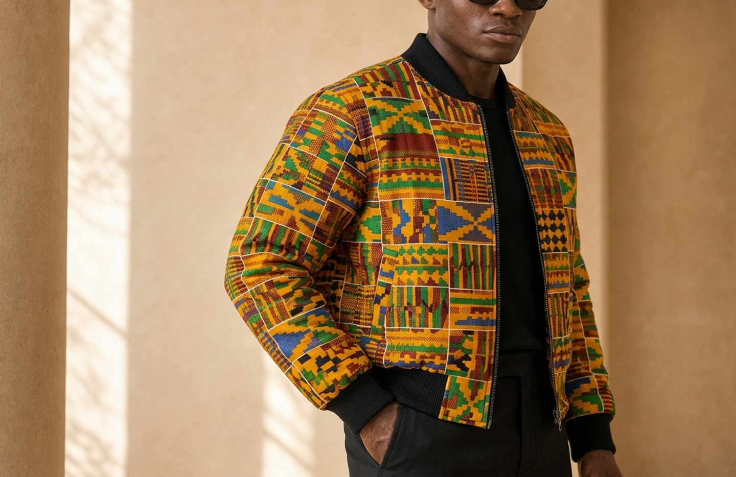 Detail editorial view of the Kojo Kente Bomber