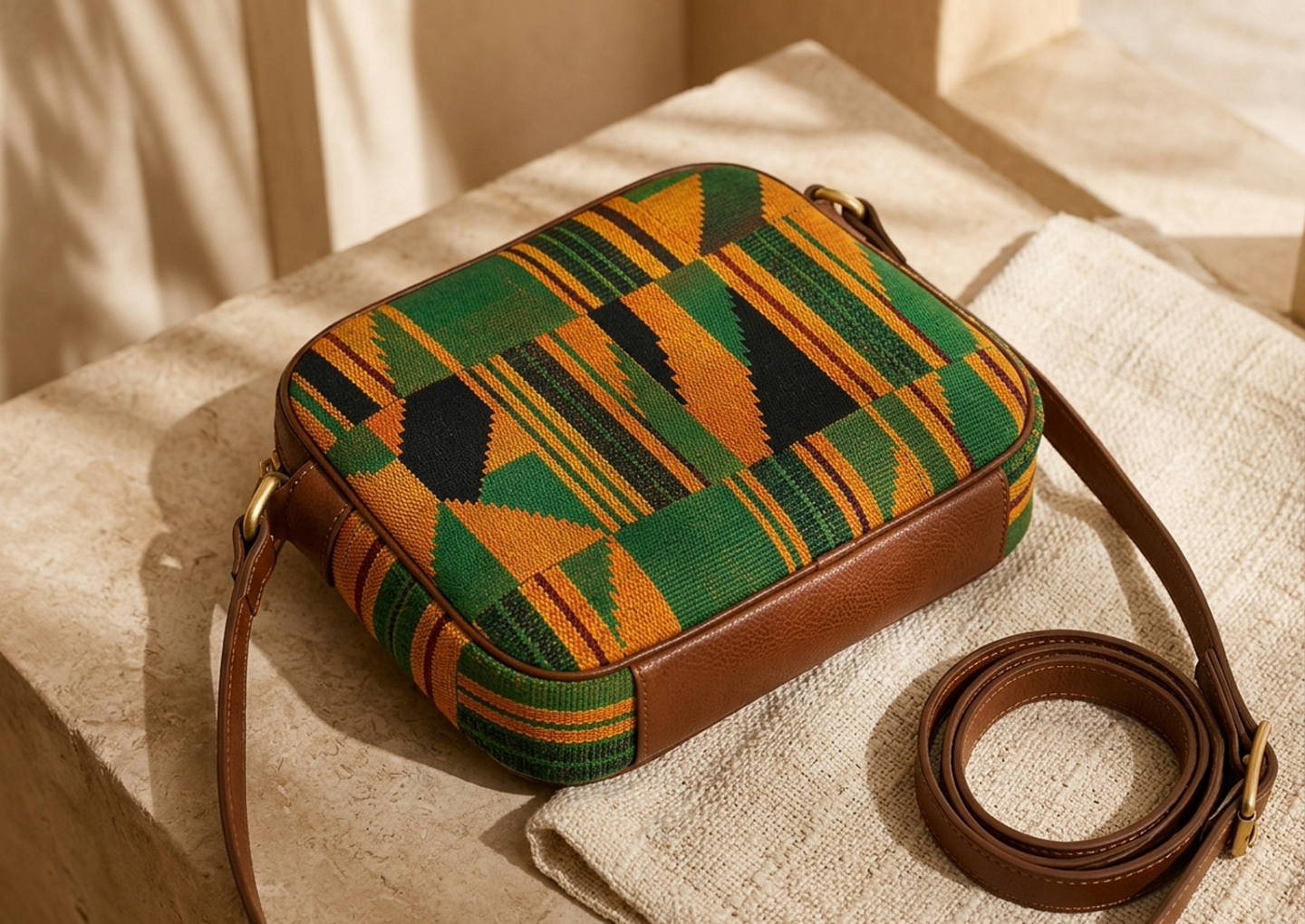 Close editorial view of the Kora Kente Crossbody Bag