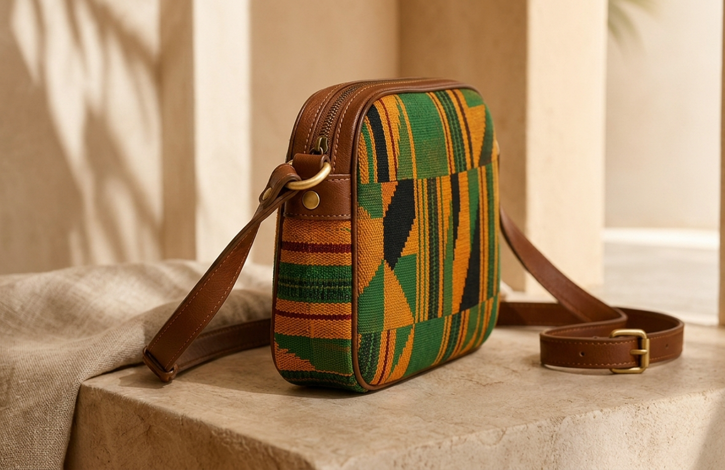 Detail editorial view of the Kora Kente Crossbody Bag