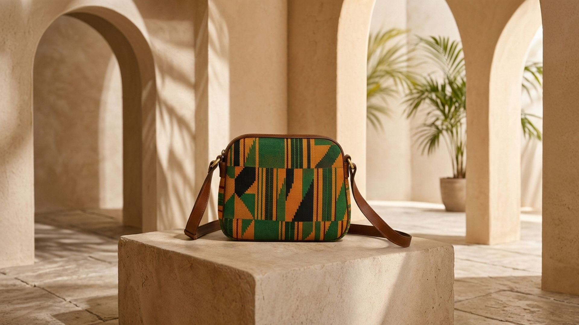 Editorial movement view of the Kora Kente Crossbody Bag