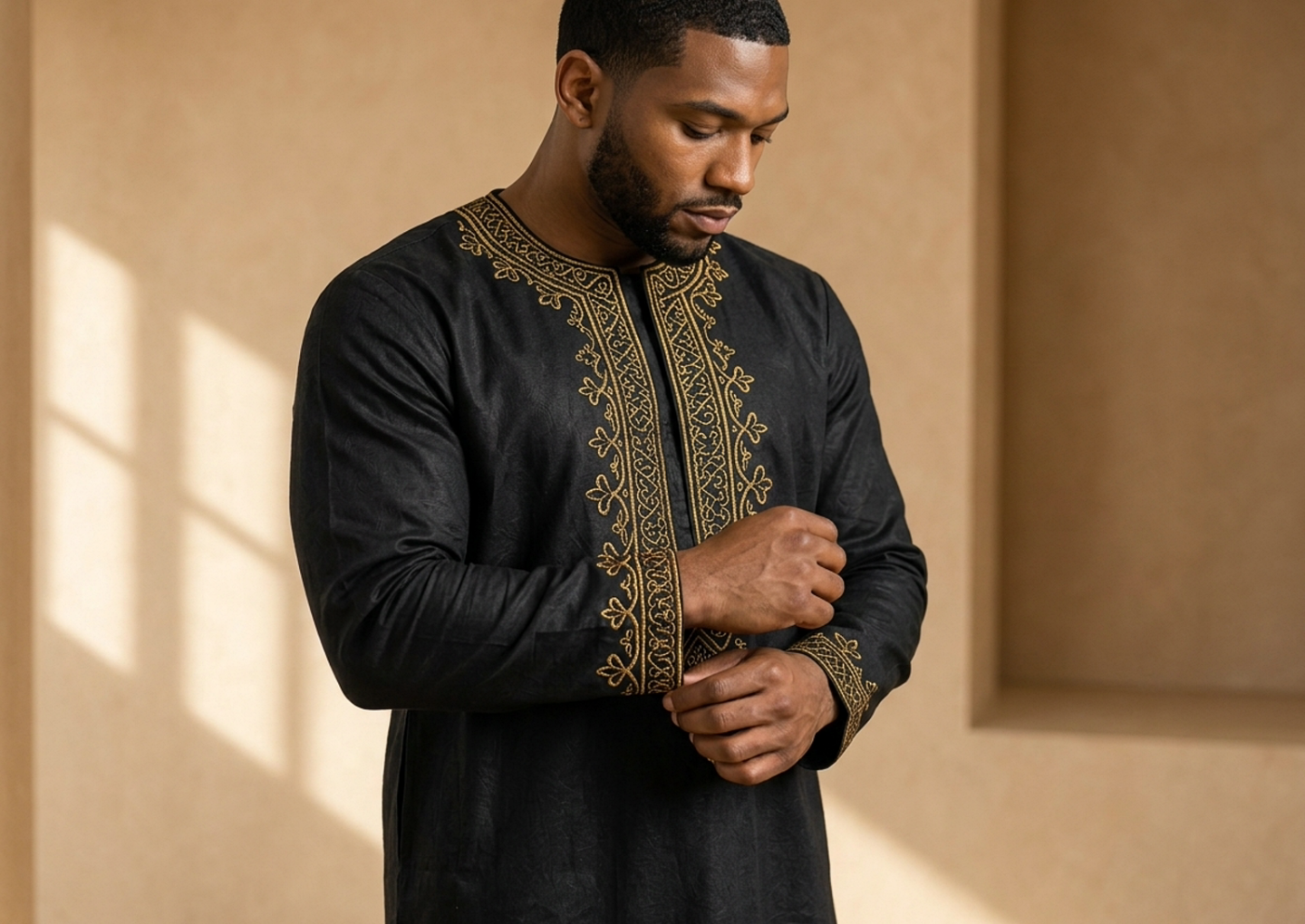 Close editorial view of the Kwame Embroidered Tunic
