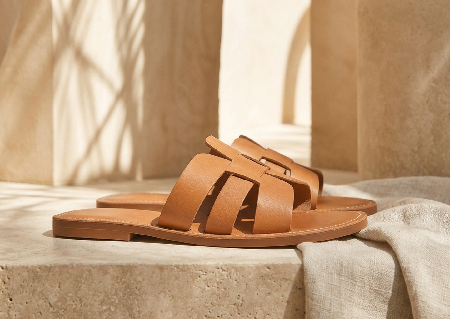 Close editorial view of the Lamu Leather Slide Sandals