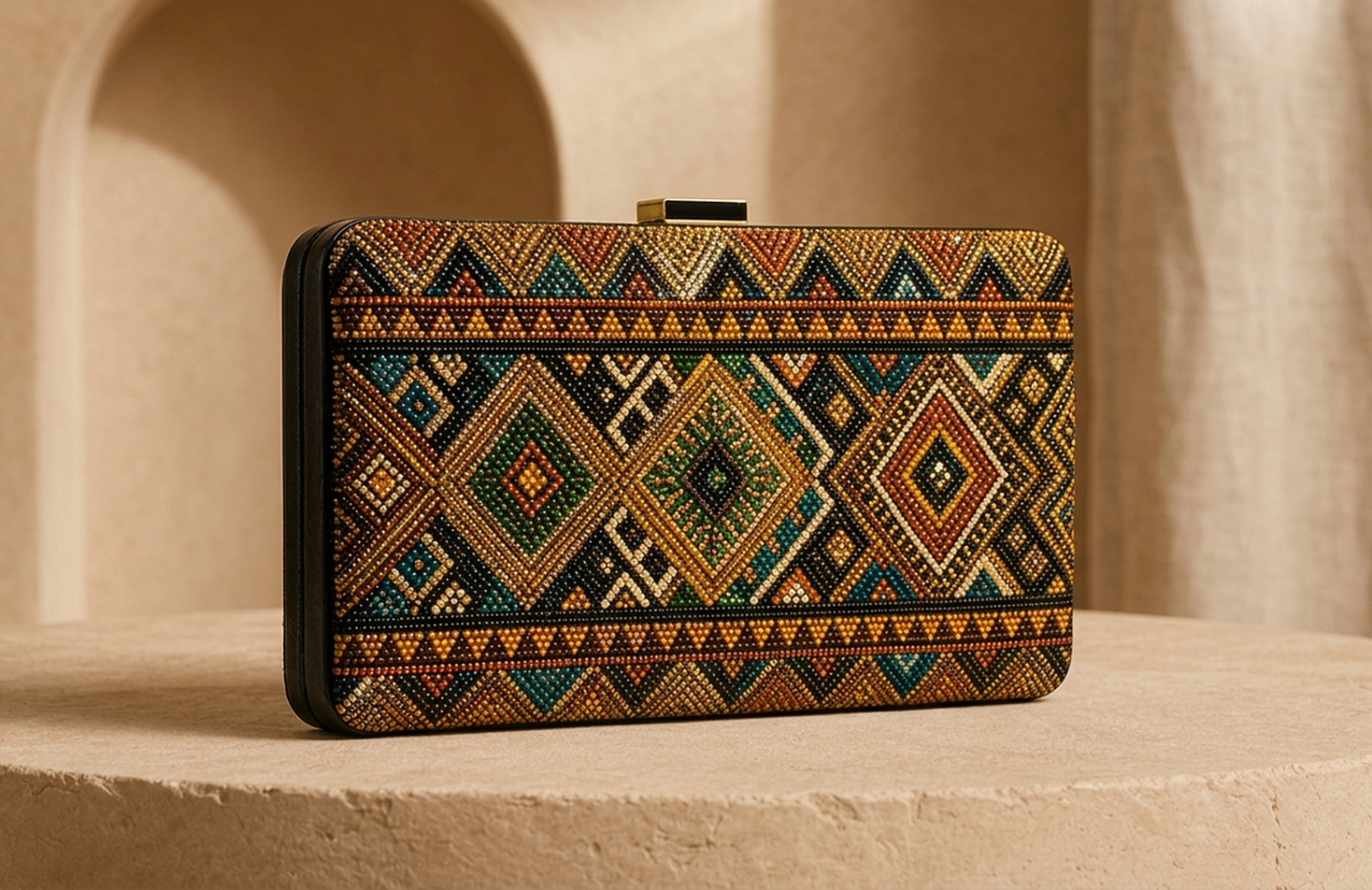 Detail editorial view of the Mali Embellished Clutch