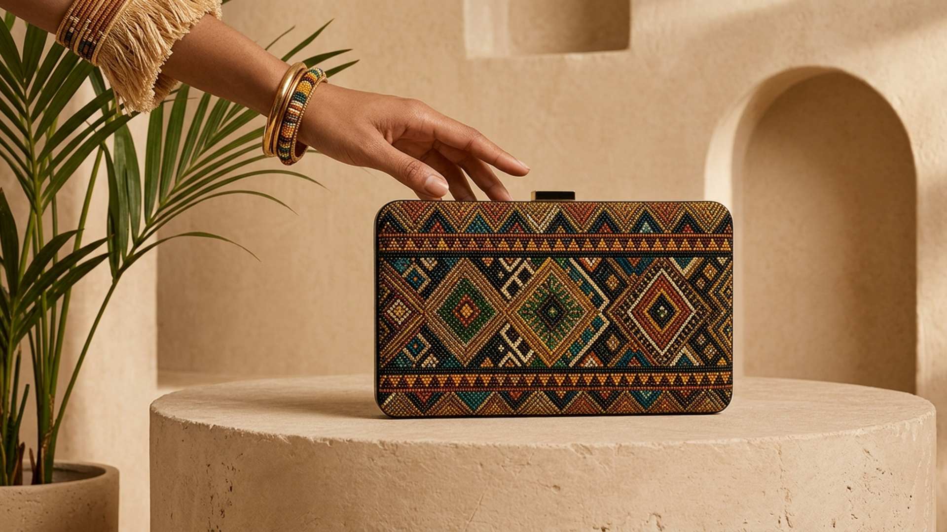 Editorial movement view of the Mali Embellished Clutch