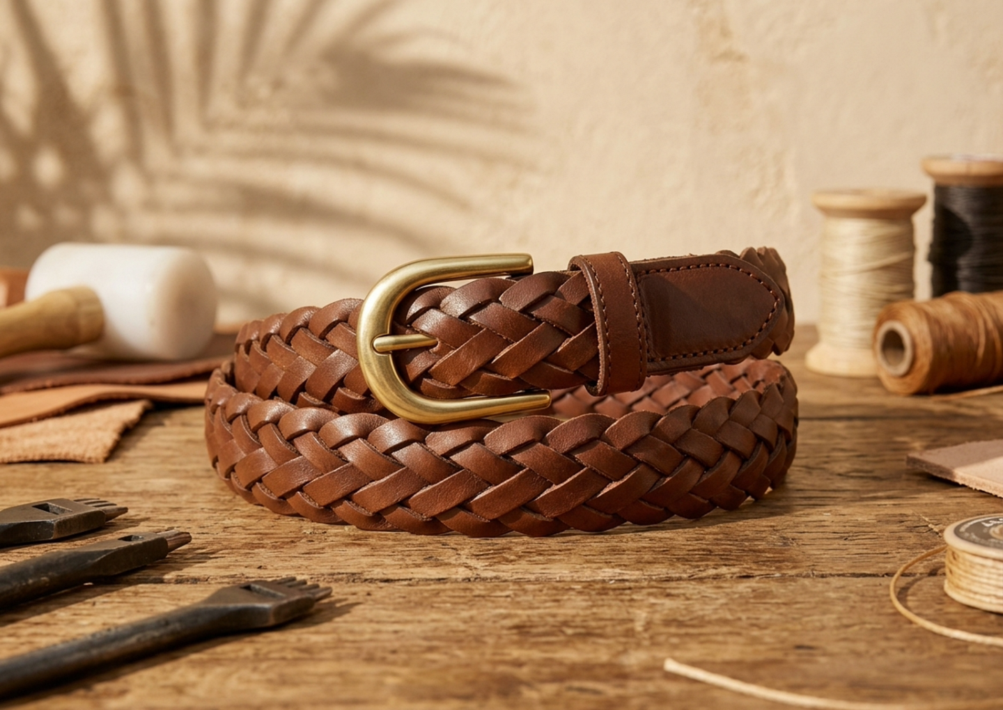 Close editorial view of the Mara Braided Leather Belt