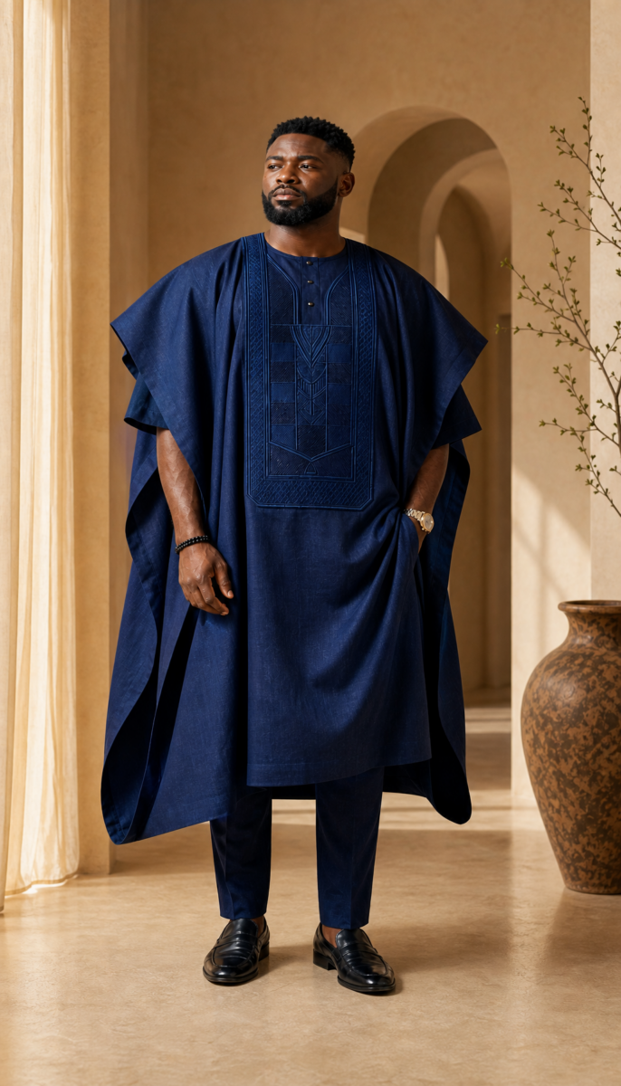 Editorial model wearing an indigo agbada set