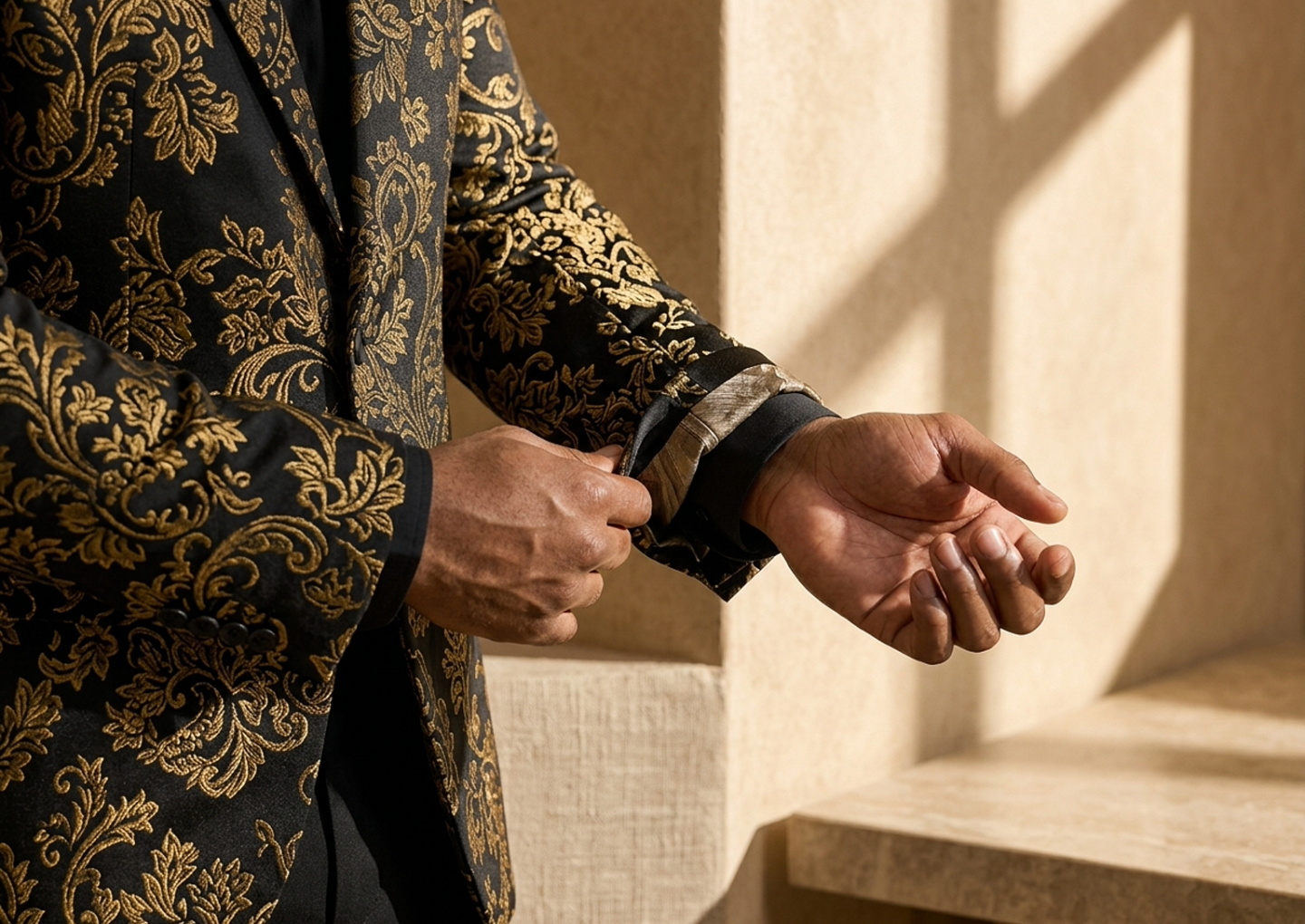 Close editorial view of the Mensah Ceremonial Blazer
