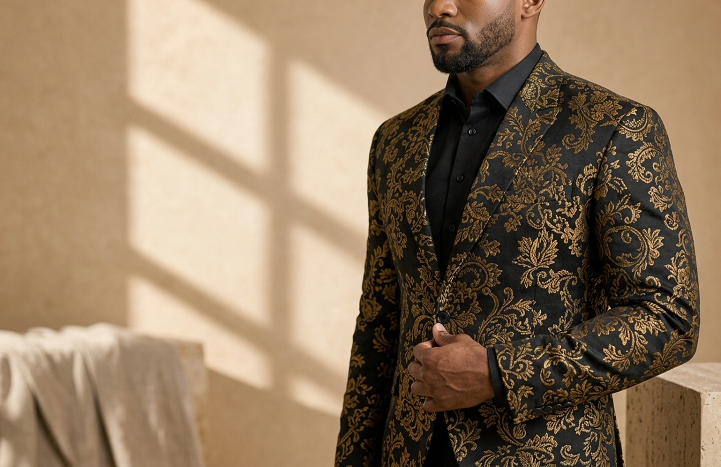 Detail editorial view of the Mensah Ceremonial Blazer