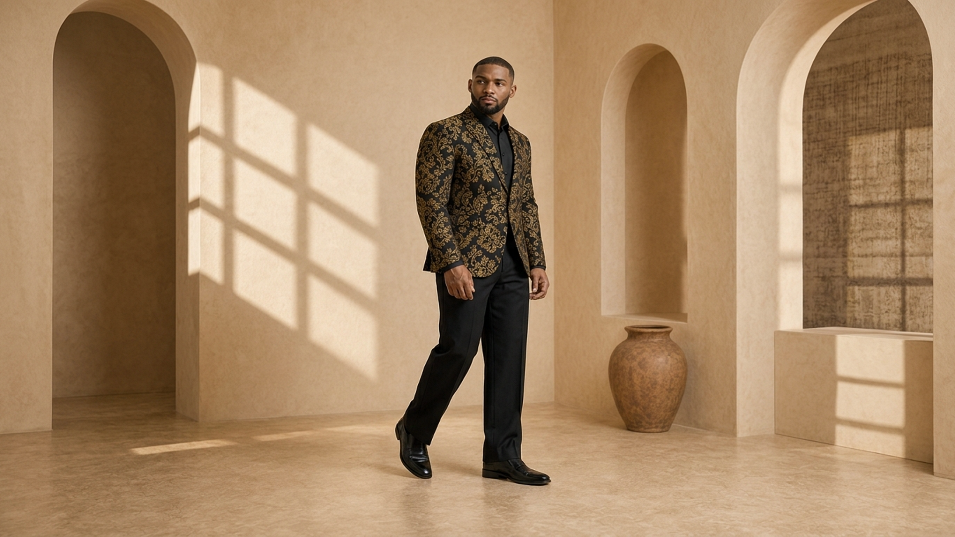 Editorial movement view of the Mensah Ceremonial Blazer