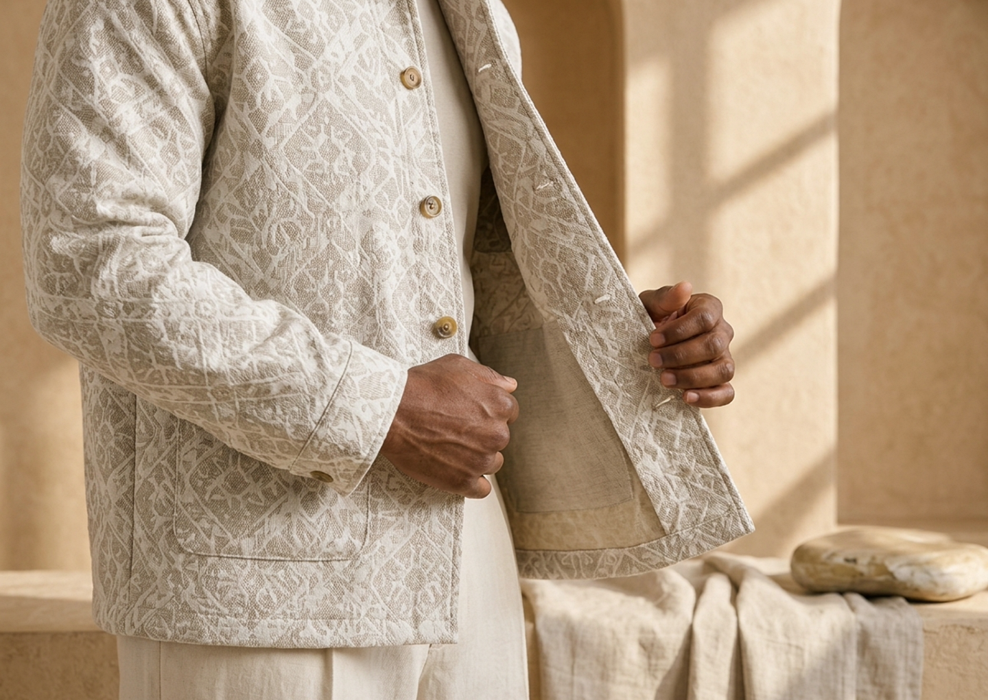 Close editorial view of the Naledi Jacquard Overshirt