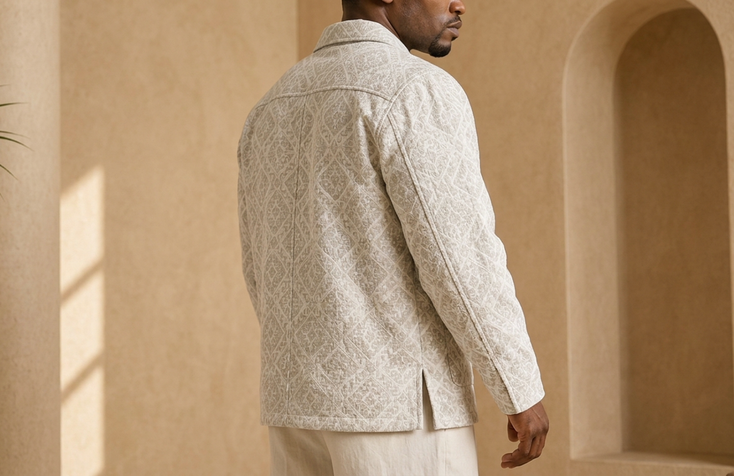 Detail editorial view of the Naledi Jacquard Overshirt