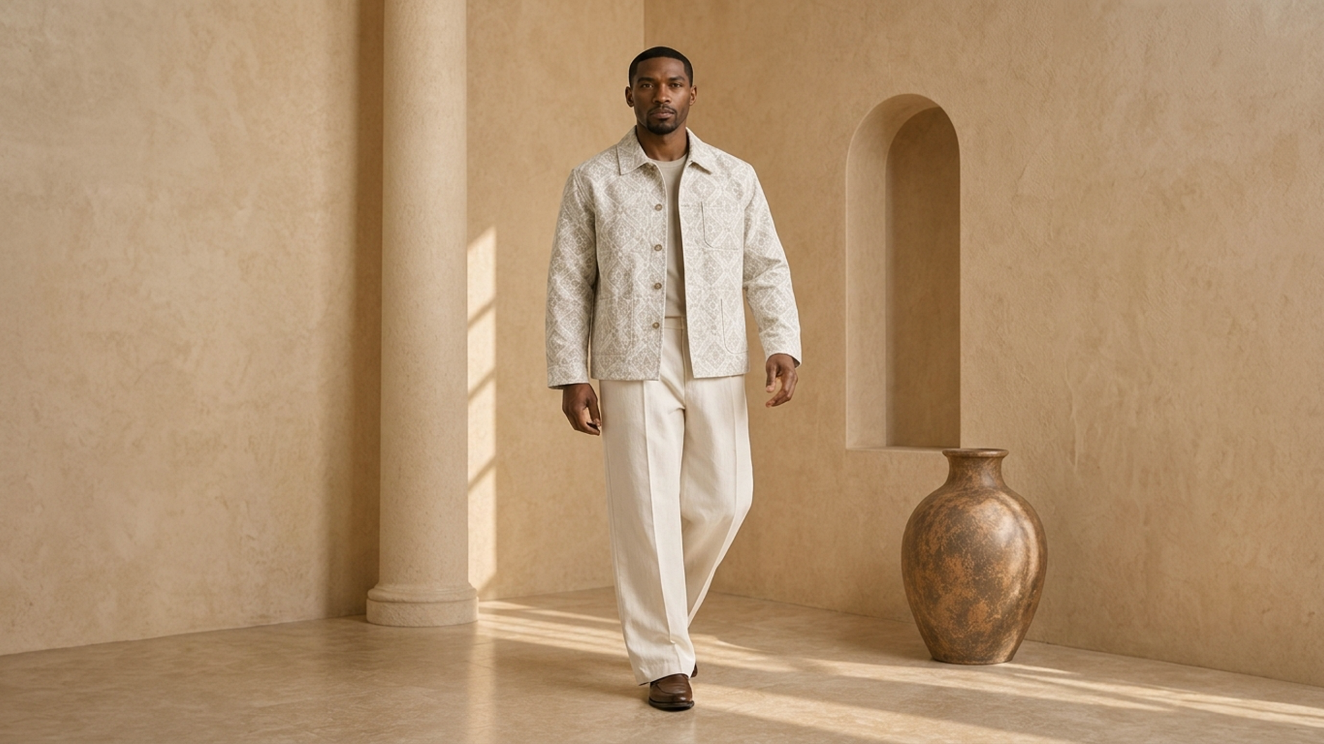 Editorial movement view of the Naledi Jacquard Overshirt