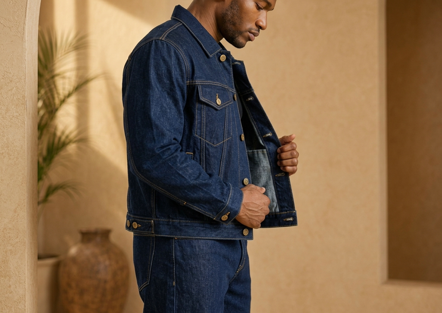 Close editorial view of the Nico Indigo Denim Jacket