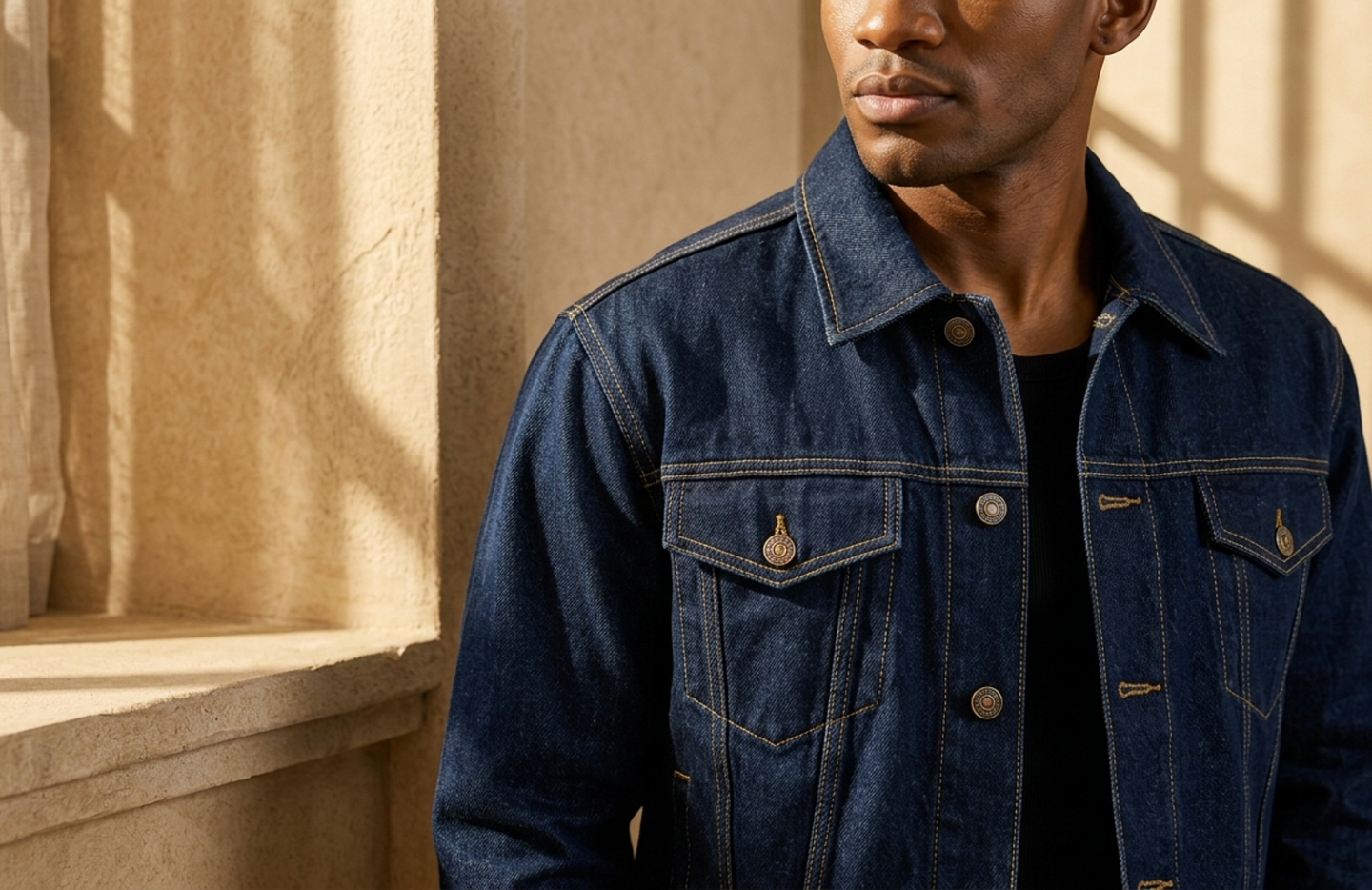 Detail editorial view of the Nico Indigo Denim Jacket