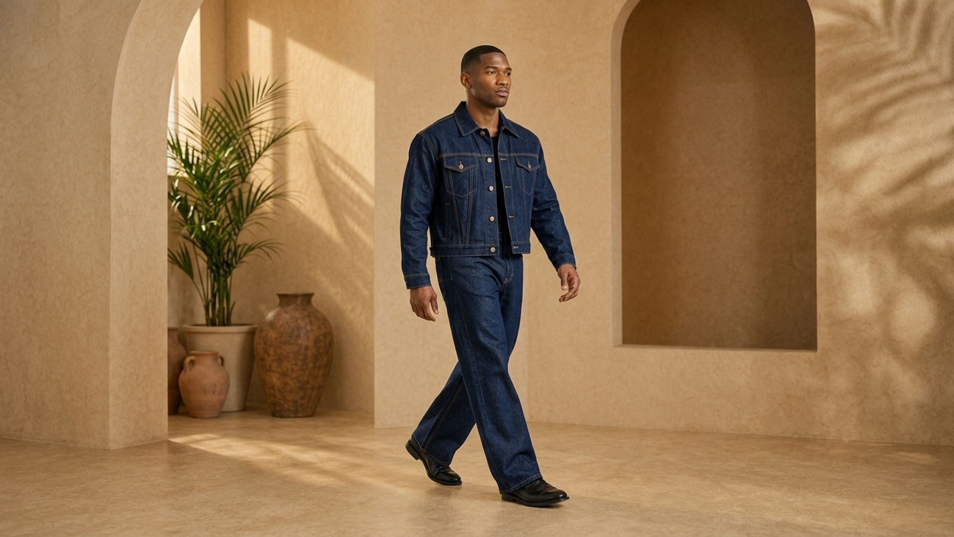 Editorial movement view of the Nico Indigo Denim Jacket