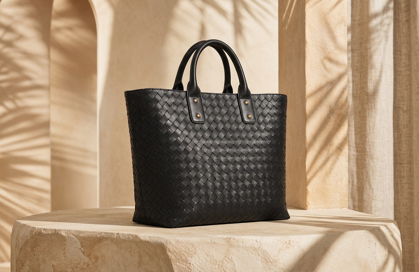 Detail editorial view of the Nuba Woven Leather Tote