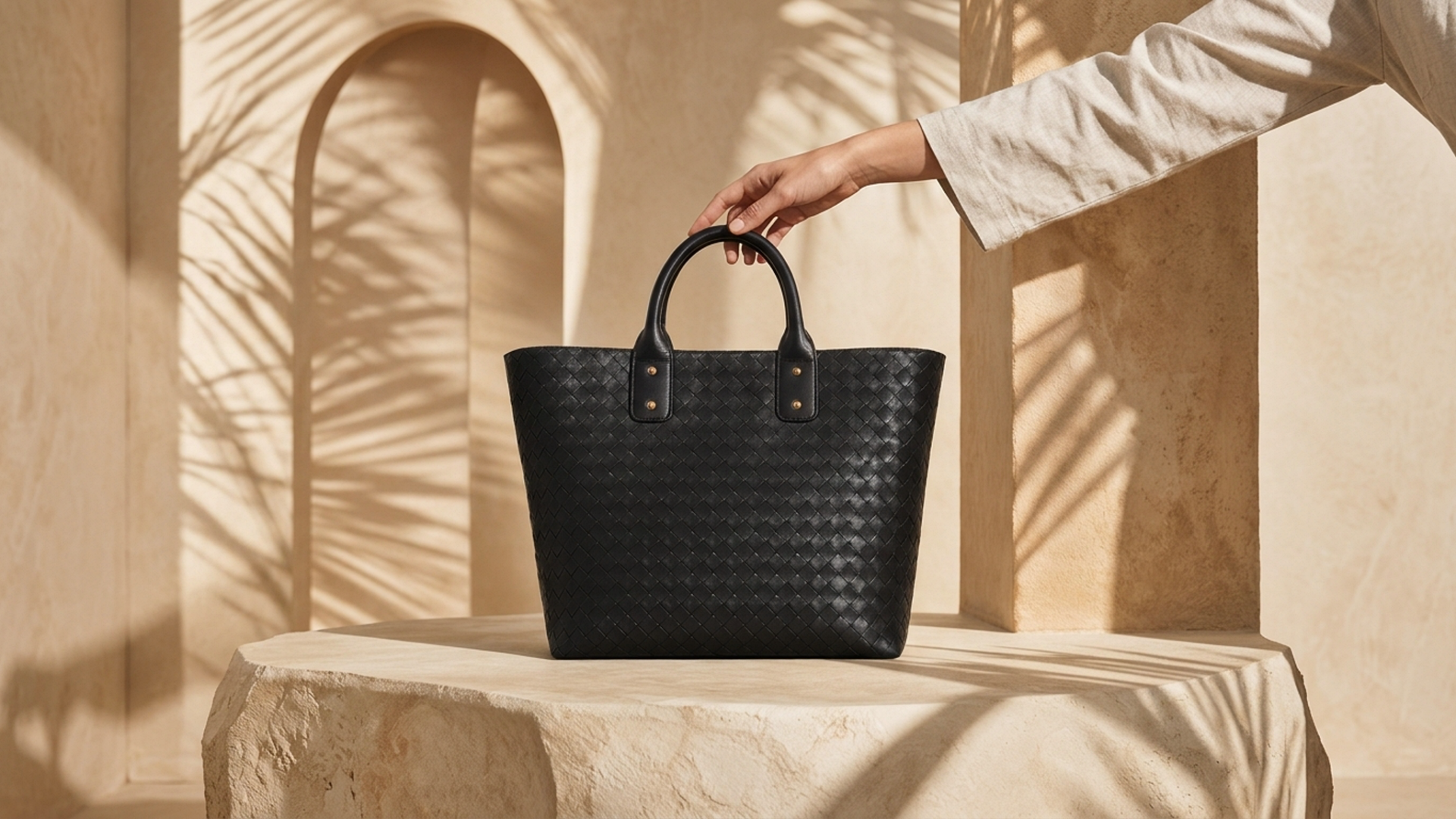 Editorial movement view of the Nuba Woven Leather Tote